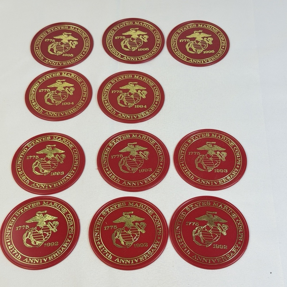 11 Vintage United States Marine Corps Red Plastic Anniversary Coasters 1992-1995